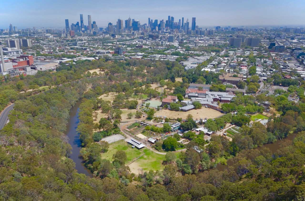 An aerial view of Collingwood Children’s Farm and the surrounding landscape.