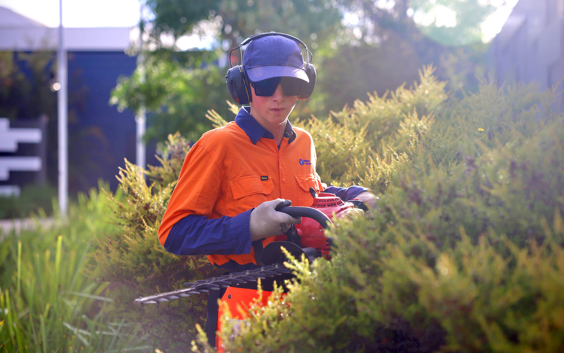 A Wallara participant using gardening equipment outdoors